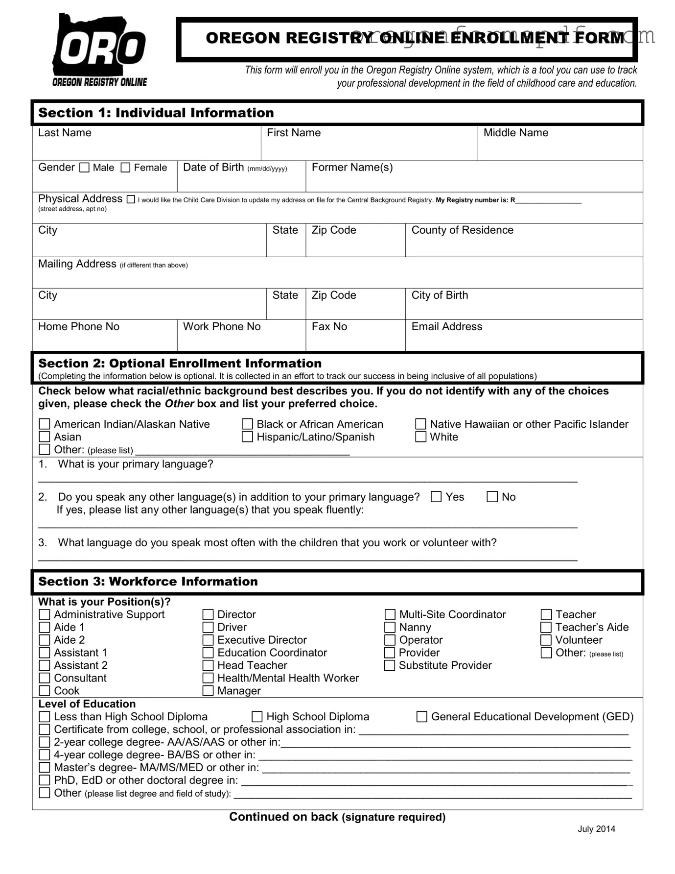 Free Oregon Registry Enrollment PDF Form