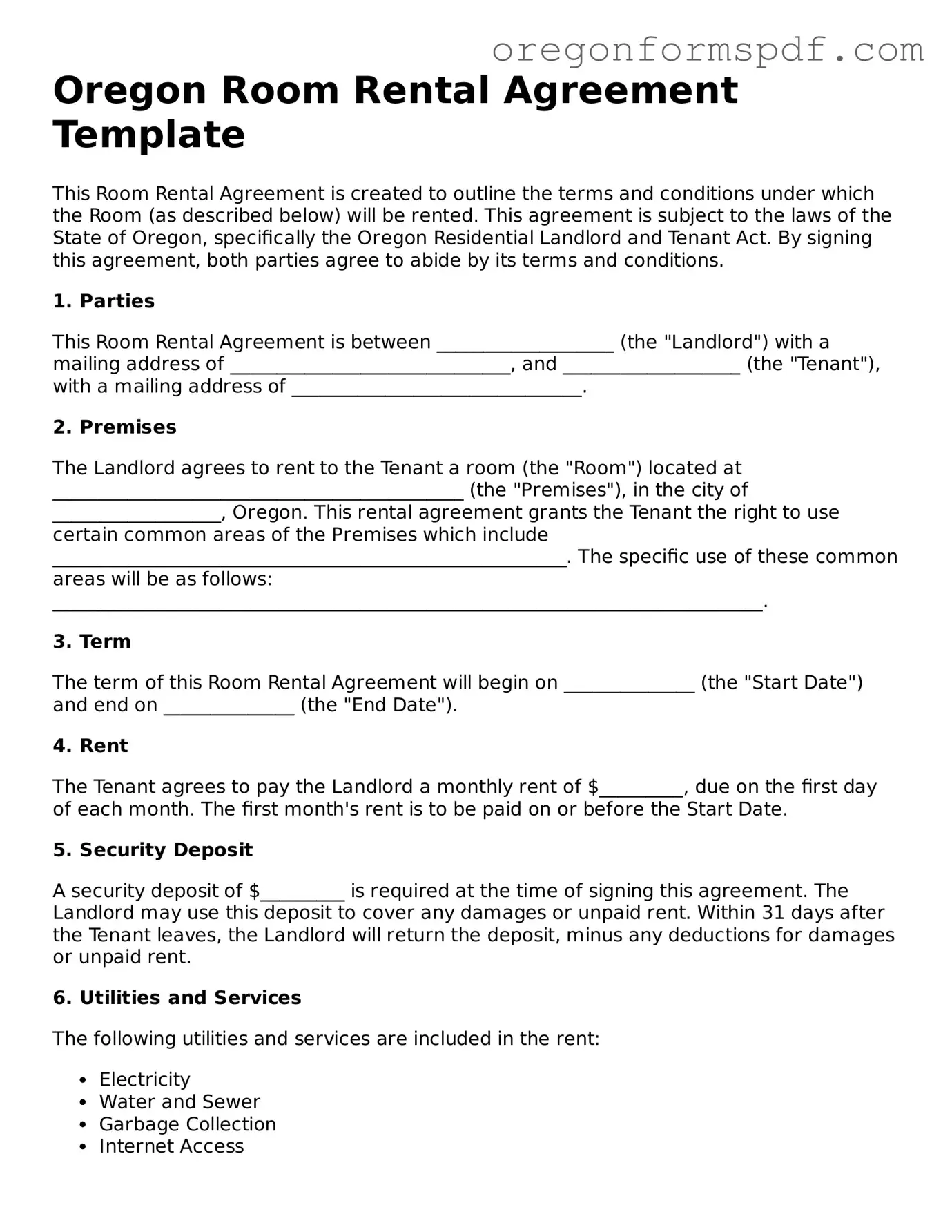 Official  Room Rental Agreement Template for Oregon