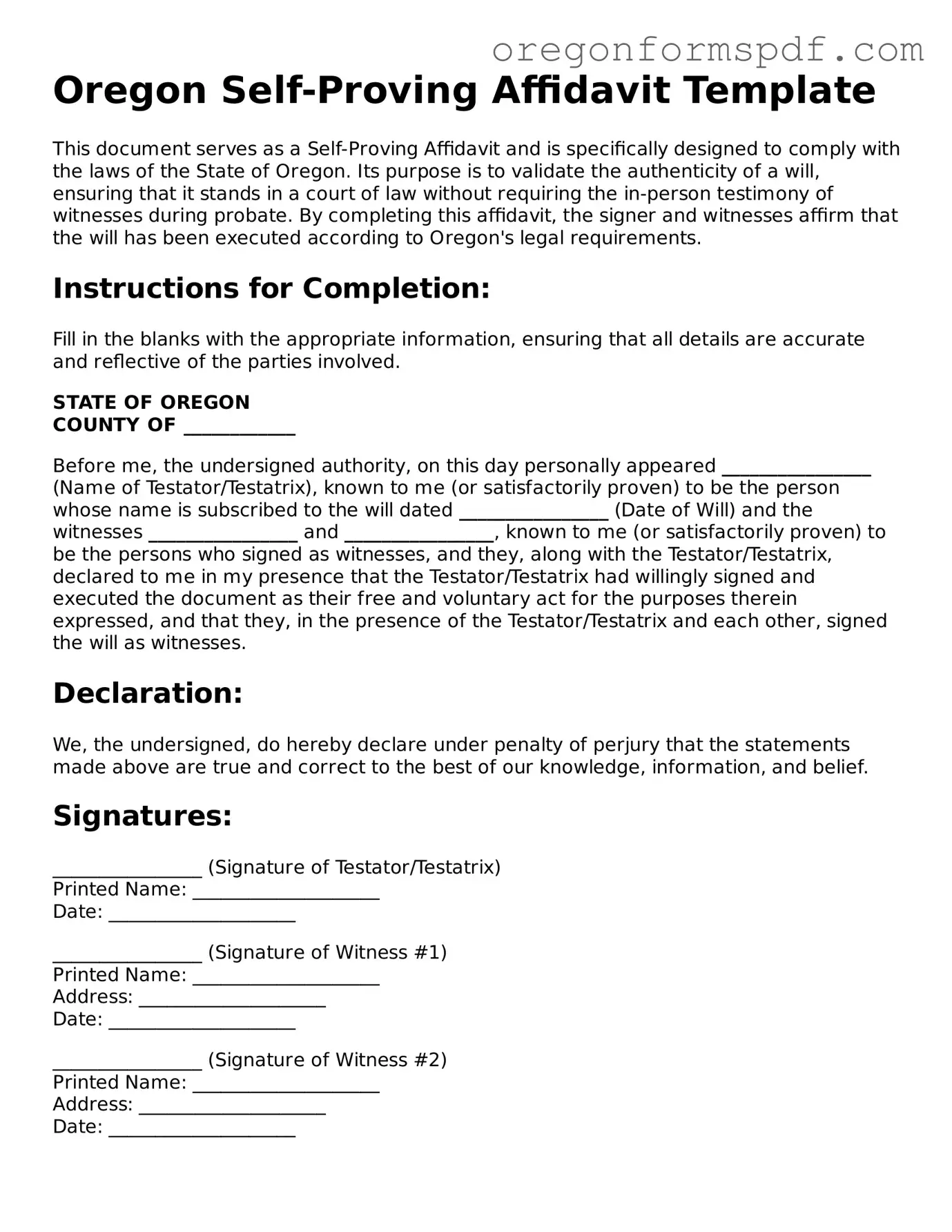 Official  Self-Proving Affidavit Template for Oregon
