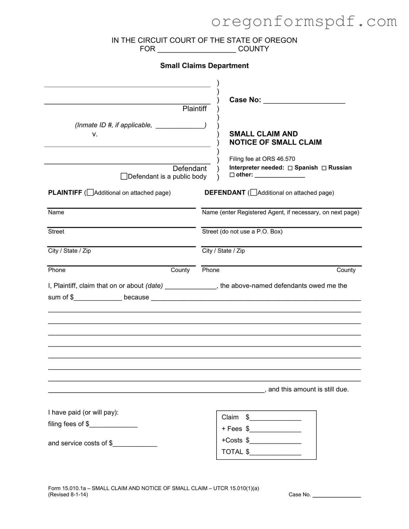 Free Oregon Small Claim PDF Form