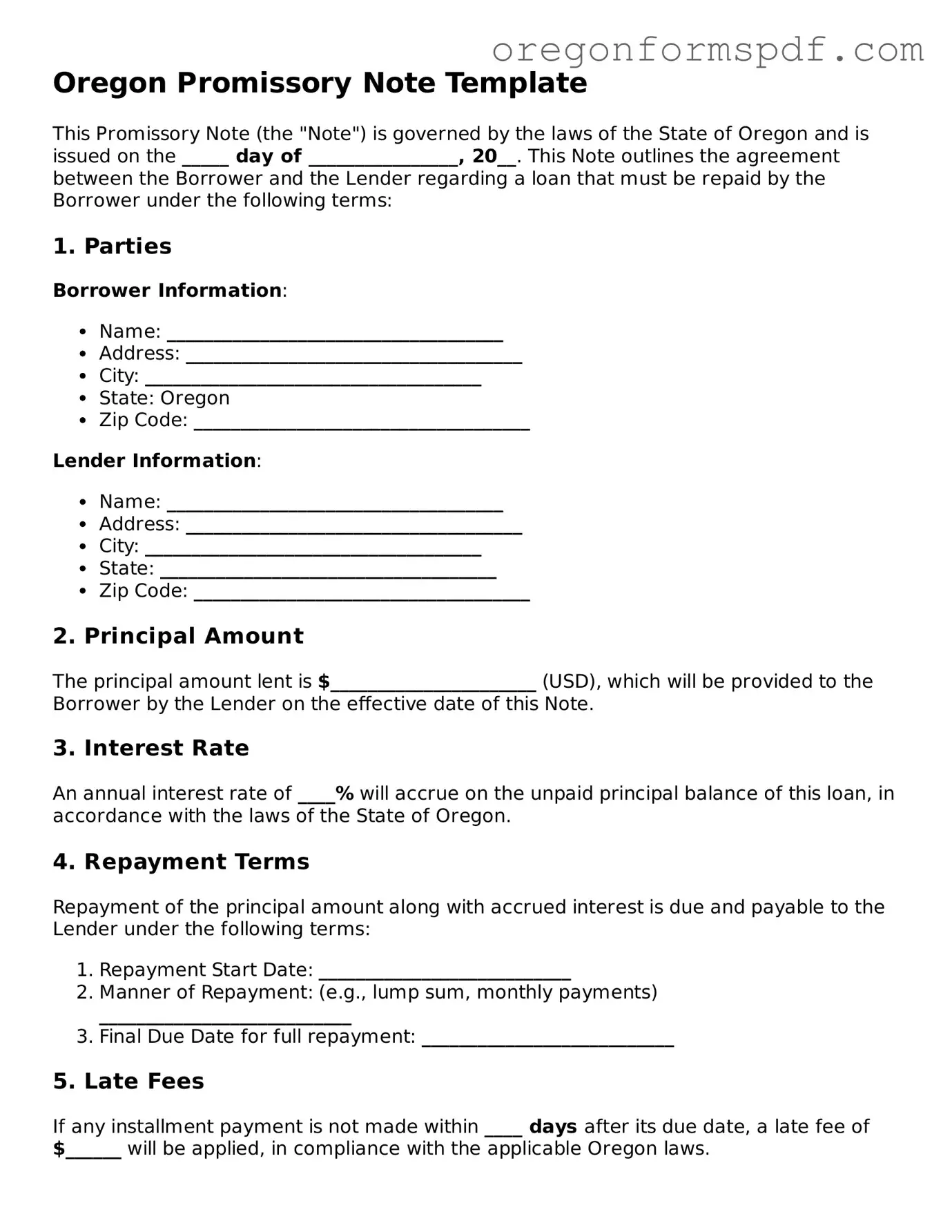 Official  Promissory Note Template for Oregon
