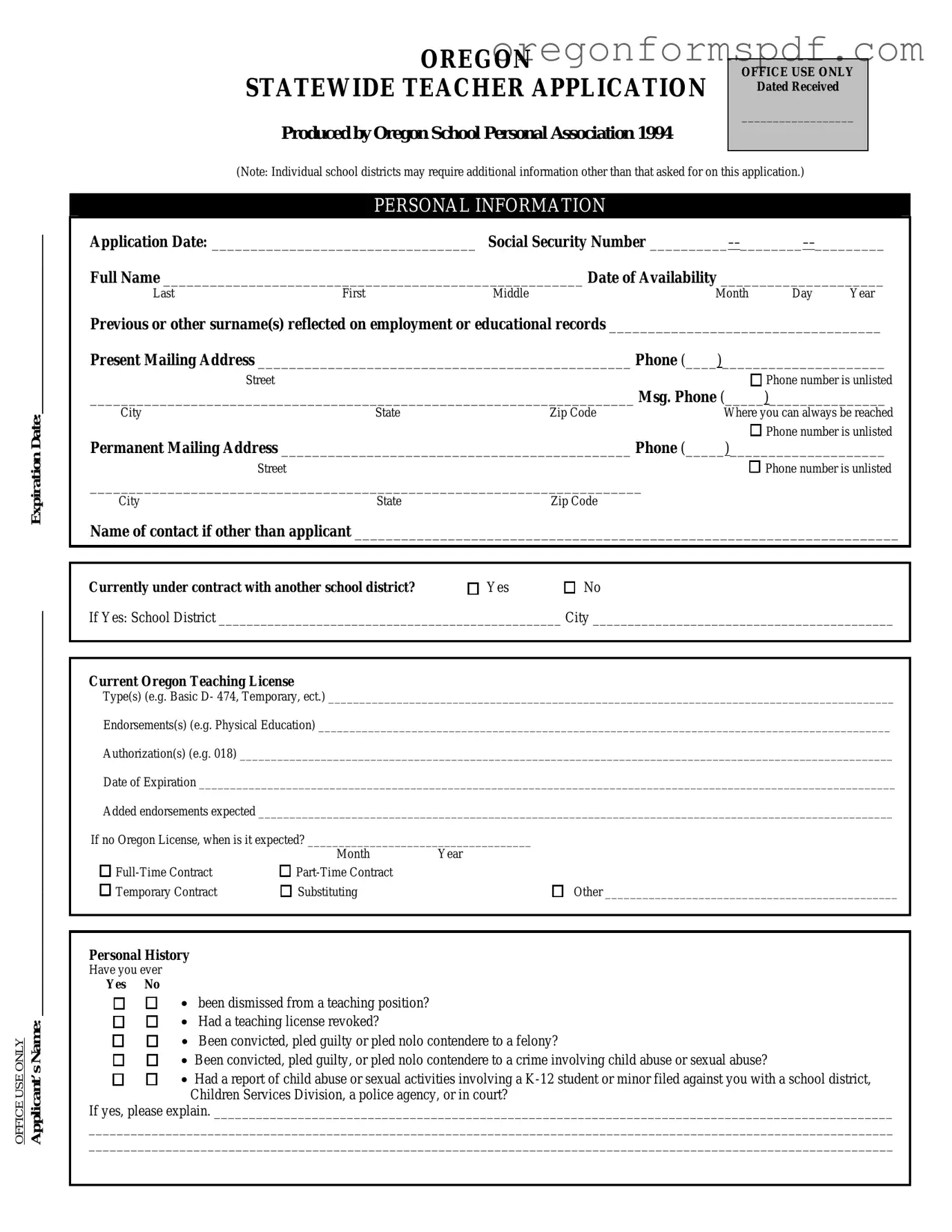 Free Oregon Teacher Application PDF Form