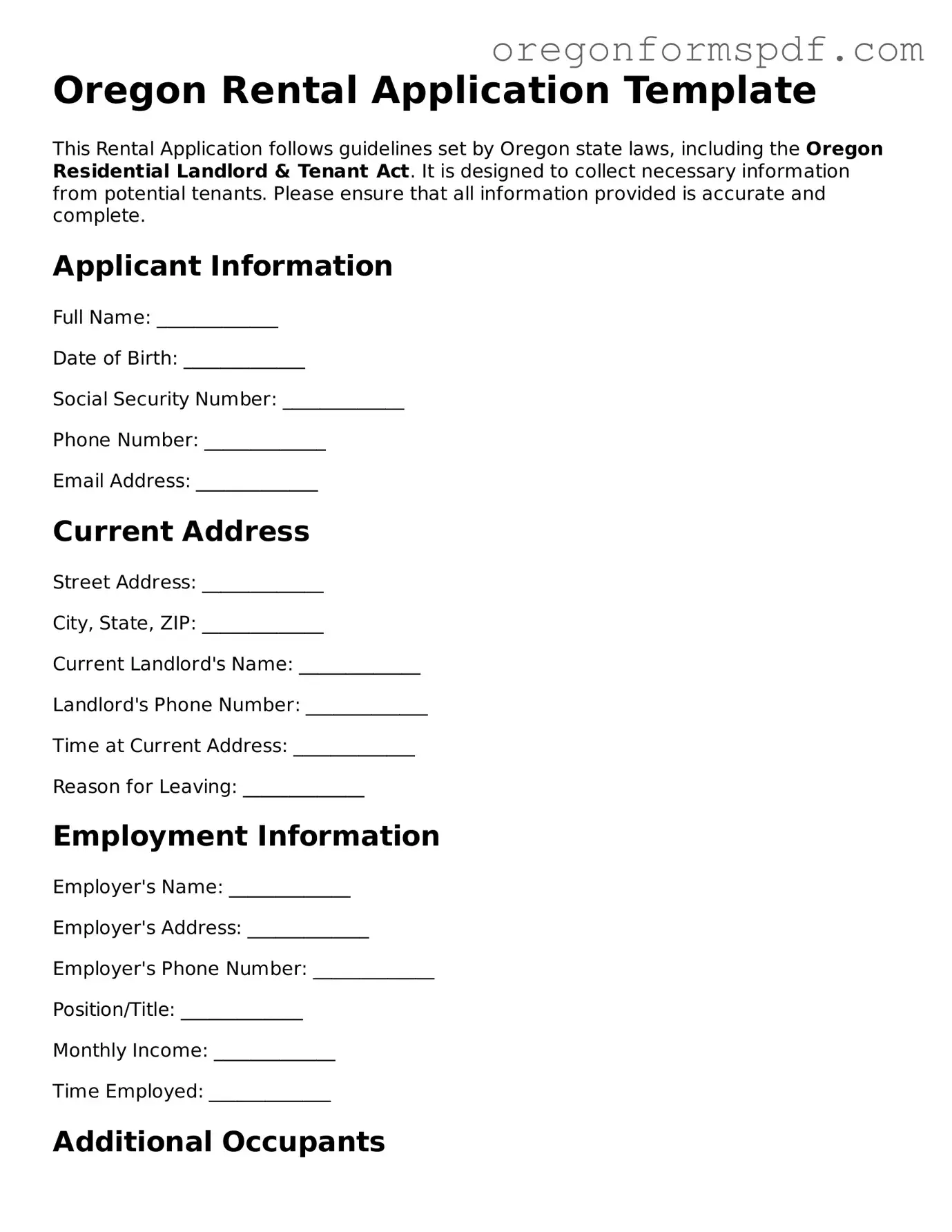 Official  Rental Application Template for Oregon