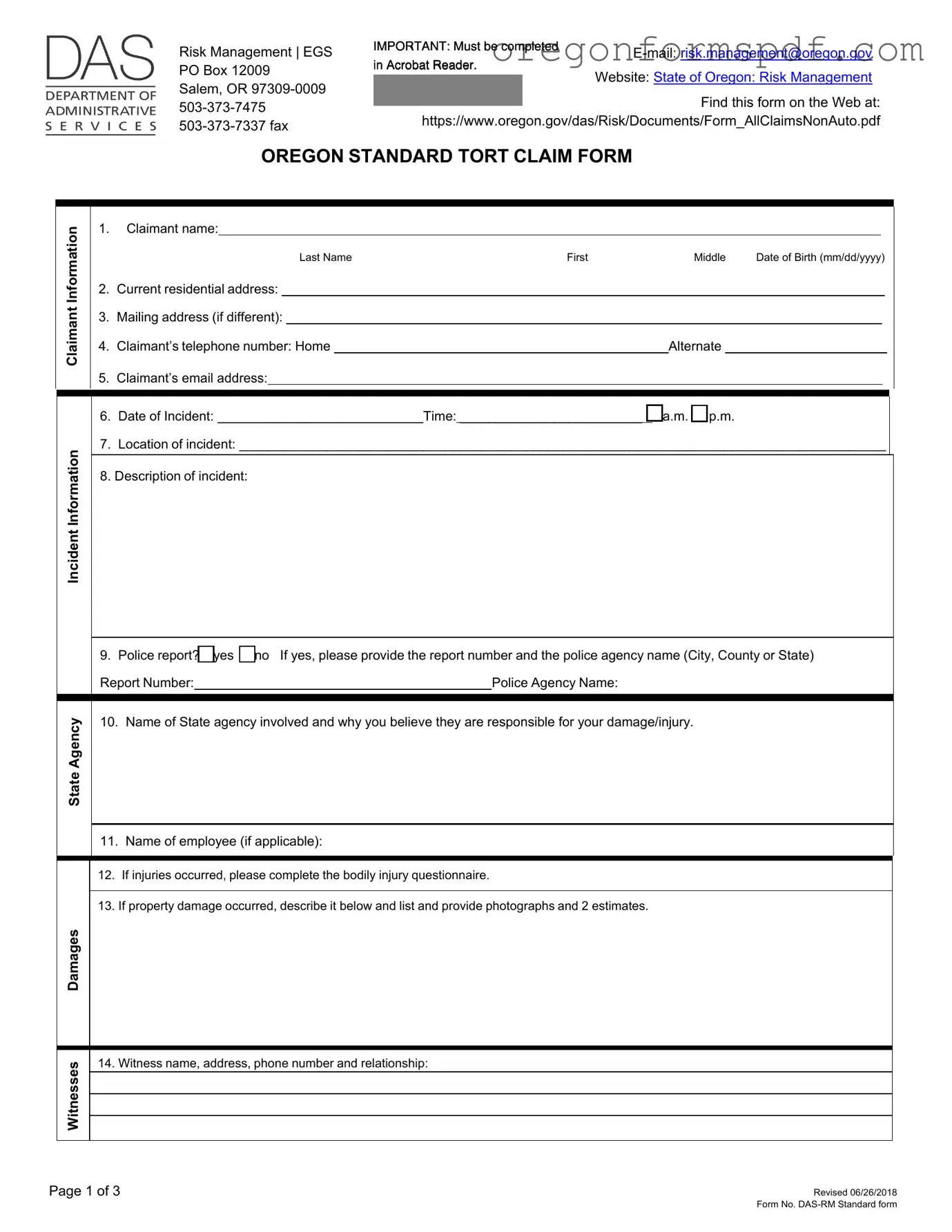 Free Oregon Tort Claim PDF Form
