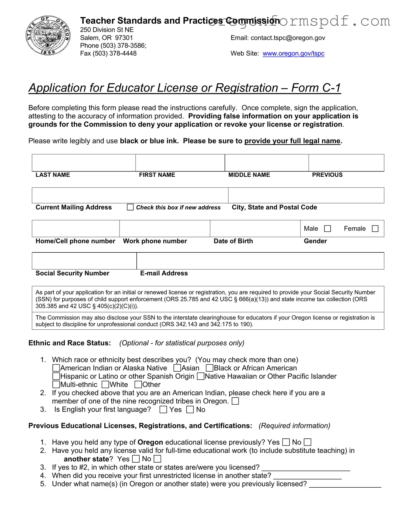 Free Oregon Tspc C 1 PDF Form