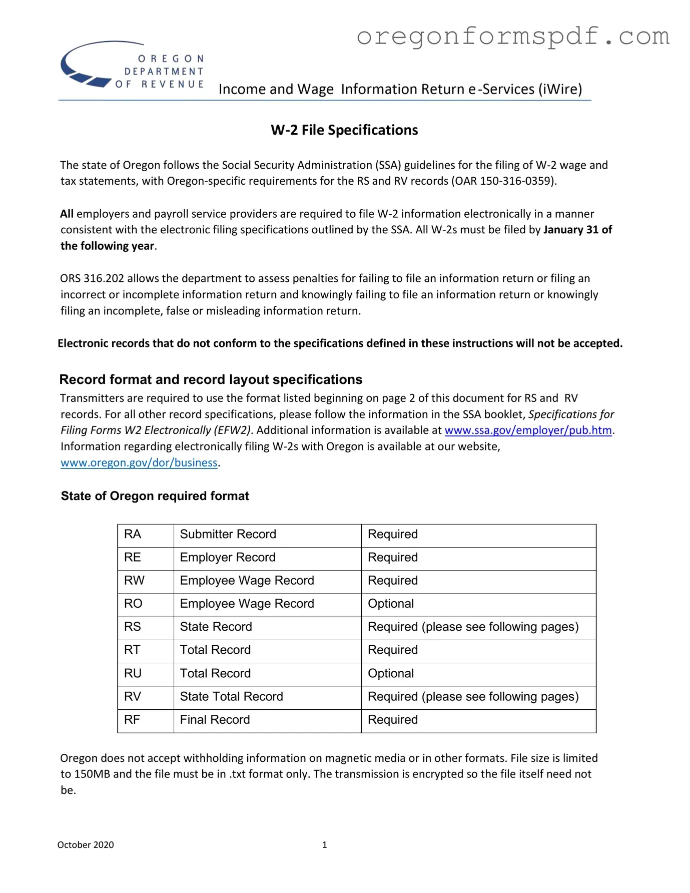 Free Oregon W2 PDF Form
