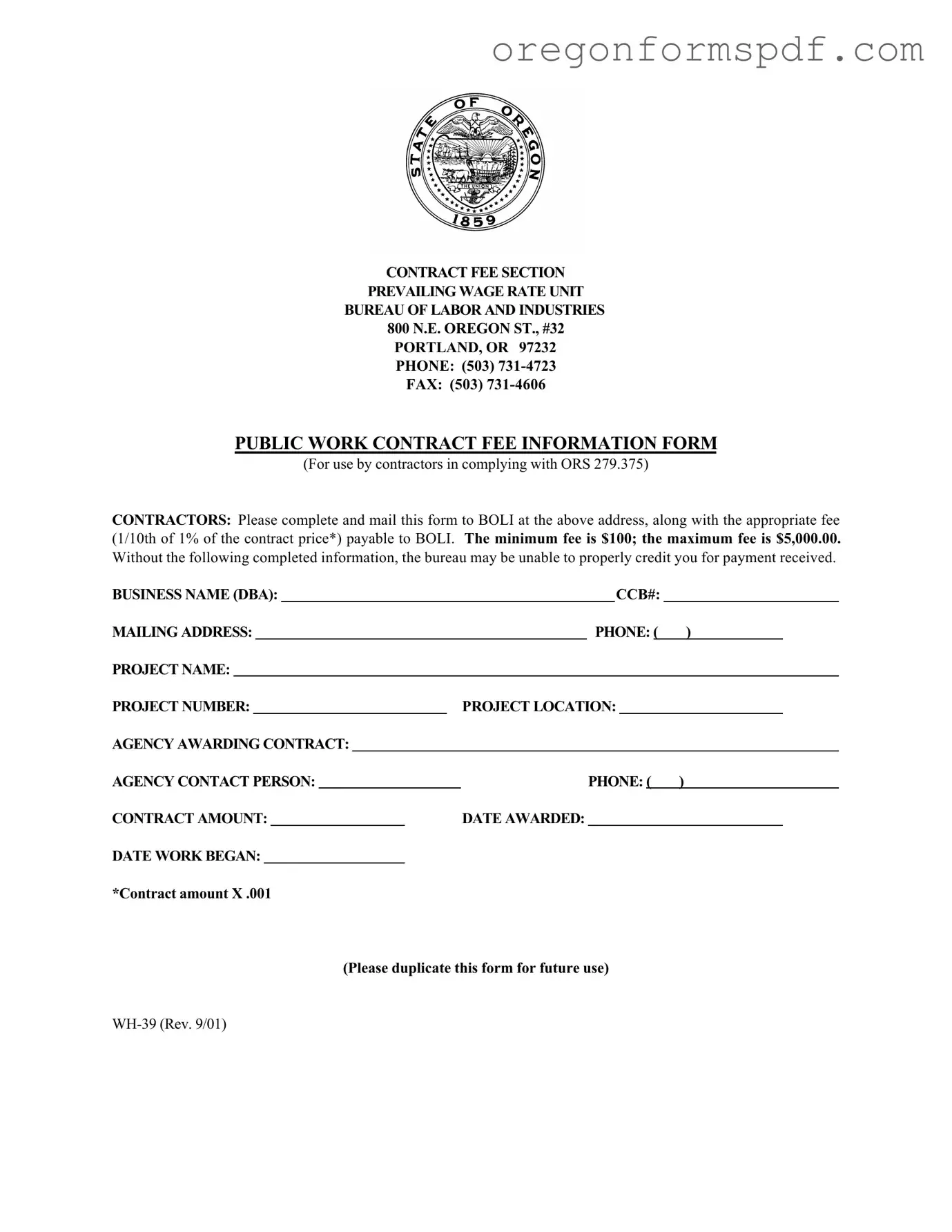 Free Oregon Wh 39 PDF Form
