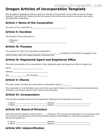 Official  Articles of Incorporation Template for Oregon
