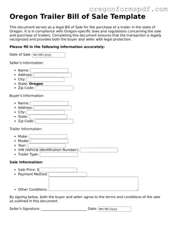 Official  Trailer Bill of Sale Template for Oregon