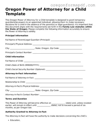 Official  Power of Attorney for a Child Template for Oregon