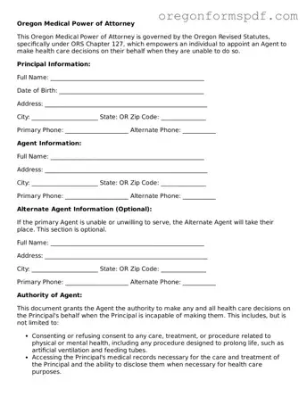 Official  Medical Power of Attorney Template for Oregon