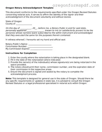 Official  Notary Acknowledgement Template for Oregon