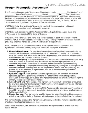 Official  Prenuptial Agreement Template for Oregon
