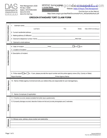 Free Oregon Tort Claim PDF Form