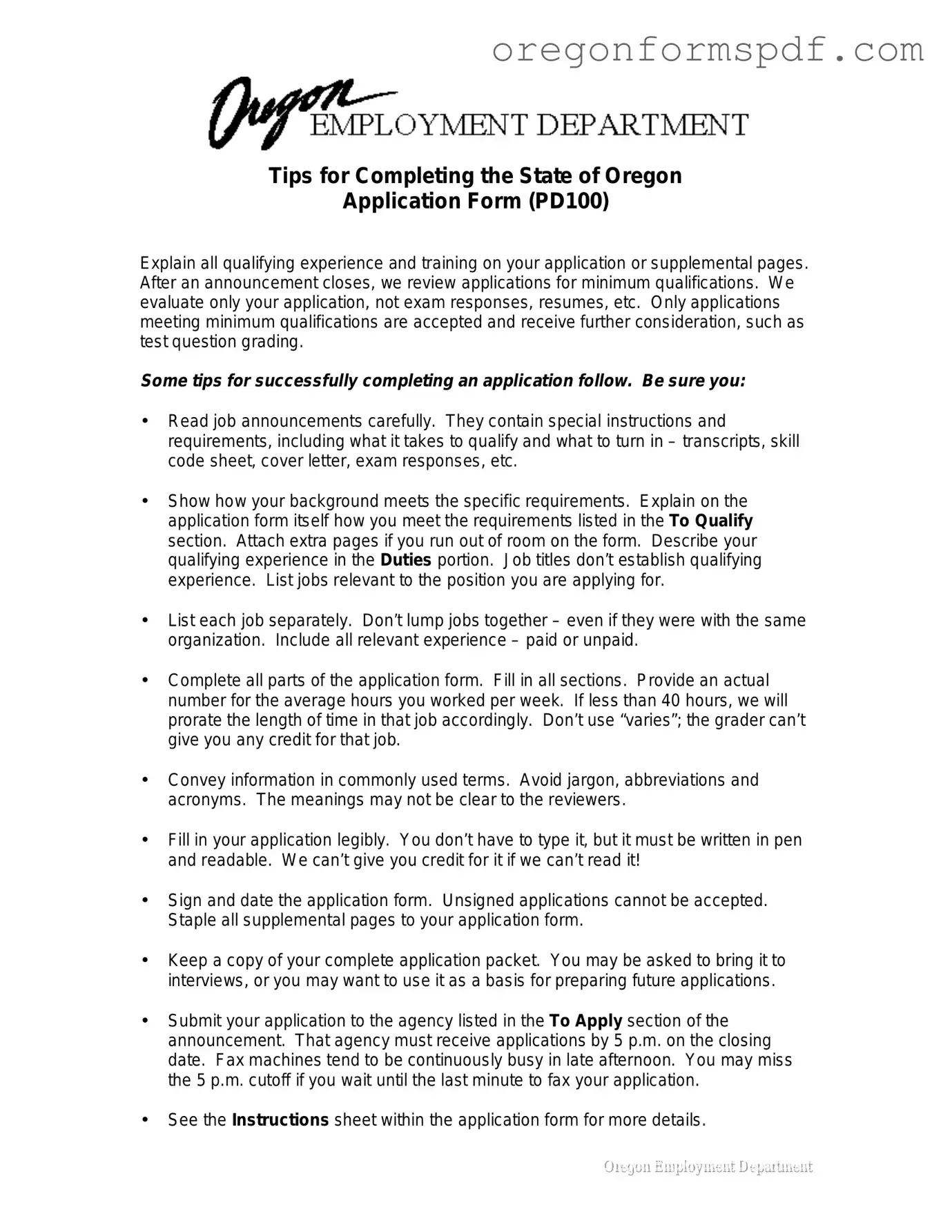 Free State Of Oregon Jobs PDF Form