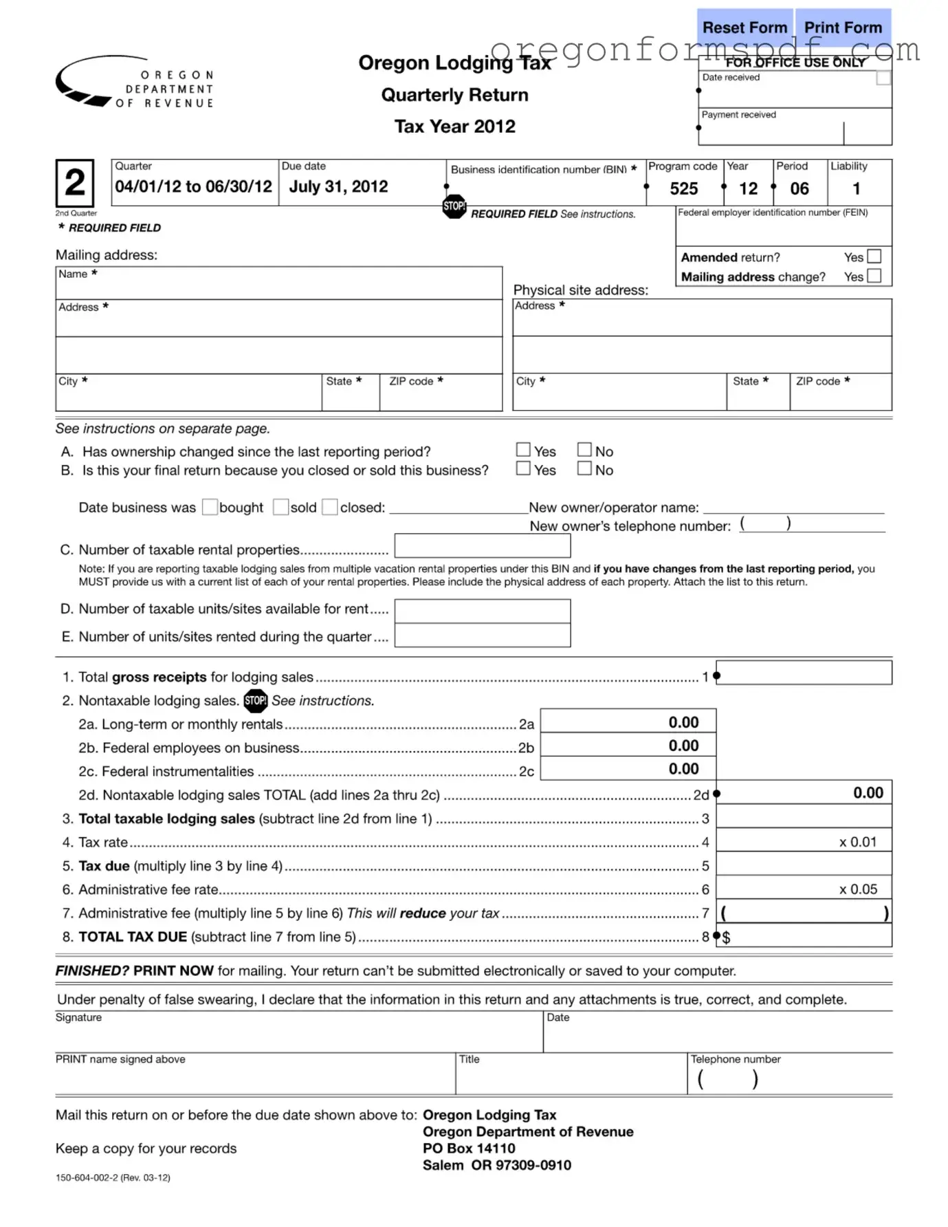 Free State Of Oregon Lodging Tax PDF Form
